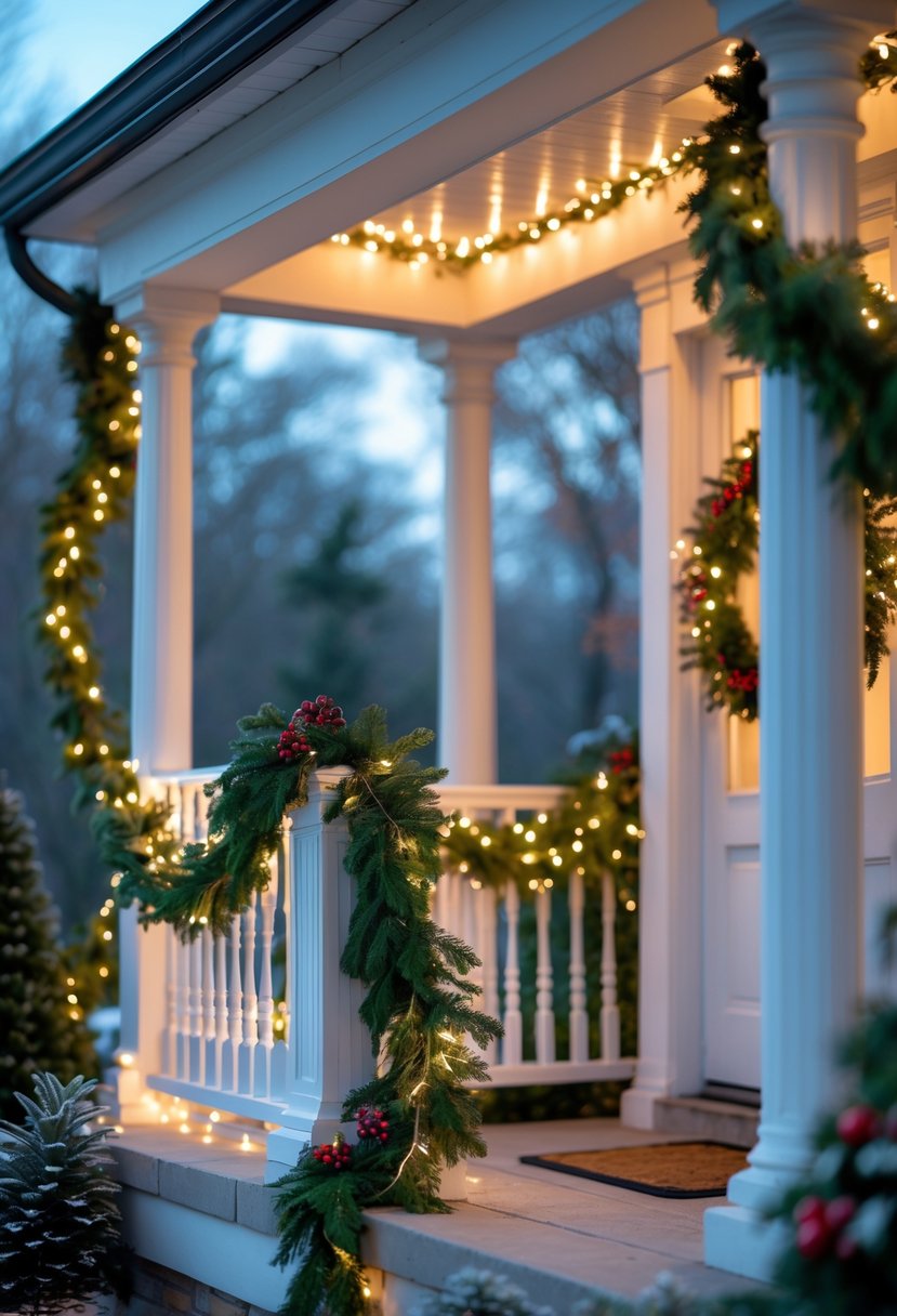 A winter front porch decorated with green garlands and twinkling fairy lights glowing softly in the evening.